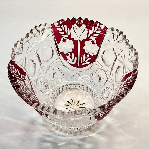 Fifth Avenue Crystal Rosaline Ruby Red Floral Glass Bowl Candy Dish 90' Vintage - Picture 3 of 11